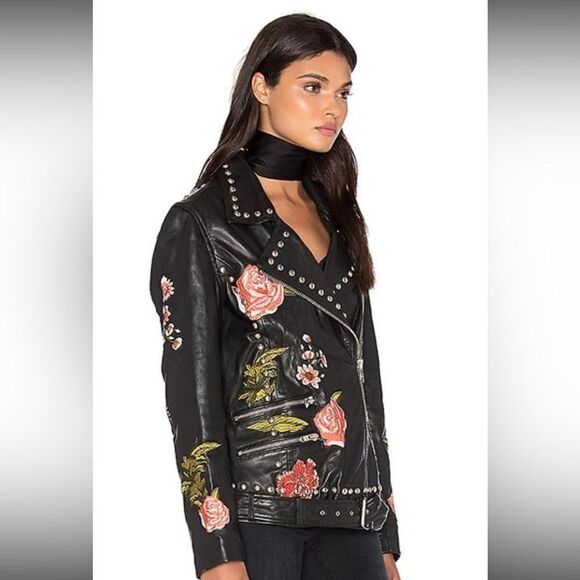 Lpa Leather Black Jacket Floral Embroidered 58 Roses Size XS - Picture 8 of 17
